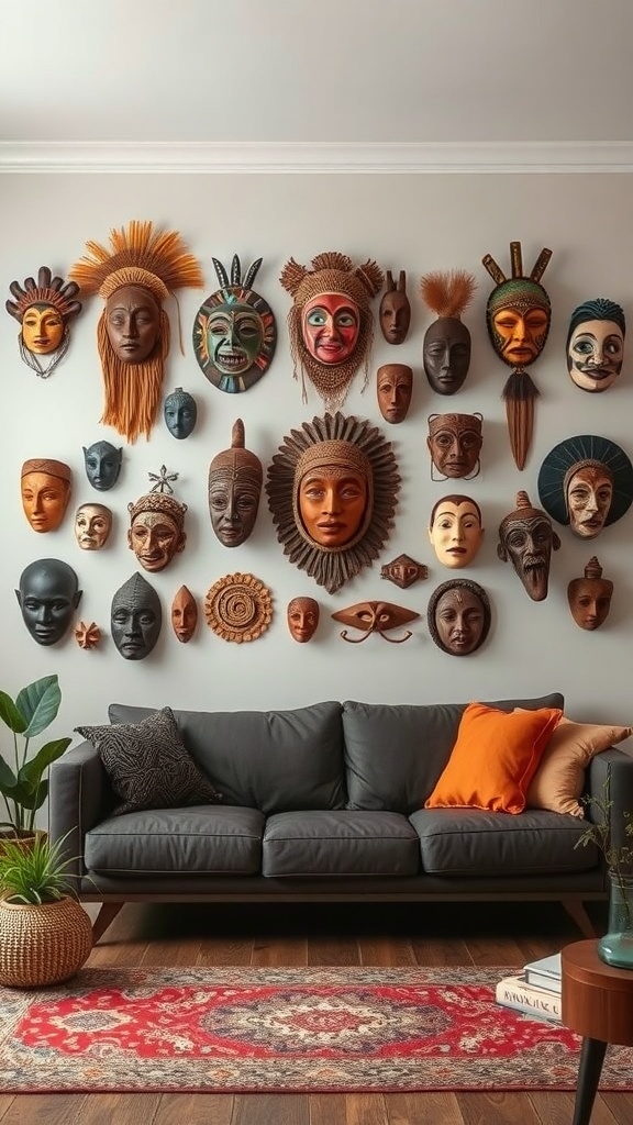 A living room wall decorated with various cultural masks, showcasing diverse designs and colors.