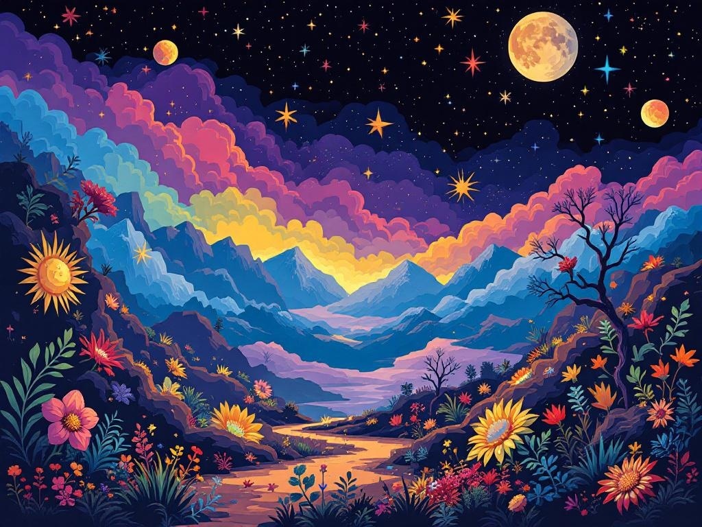 A vibrant landscape featuring colorful clouds, mountains, and flowers under a starry sky.