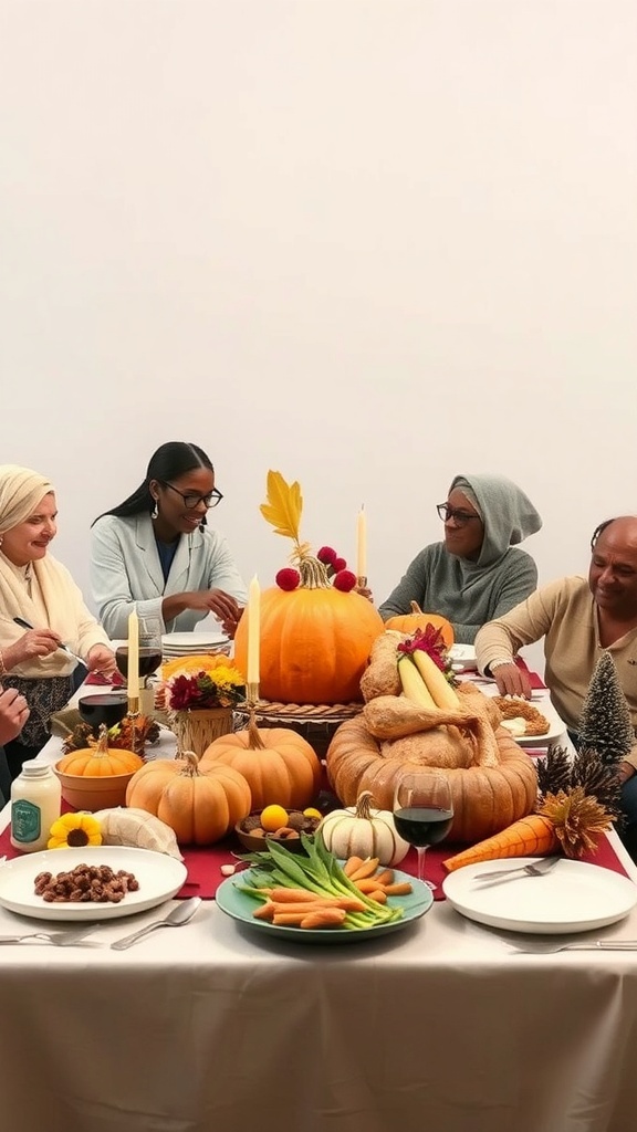 A diverse group of people enjoying a Thanksgiving meal with pumpkins and vegetables on the table.