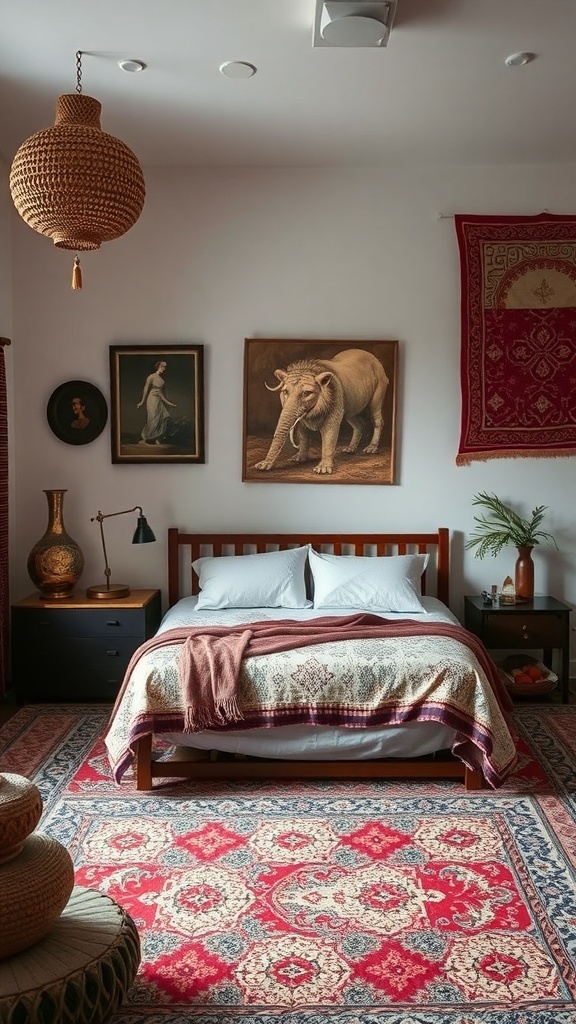 A cozy bedroom featuring cultural heritage elements, including a woven light fixture, patterned rug, and artwork.
