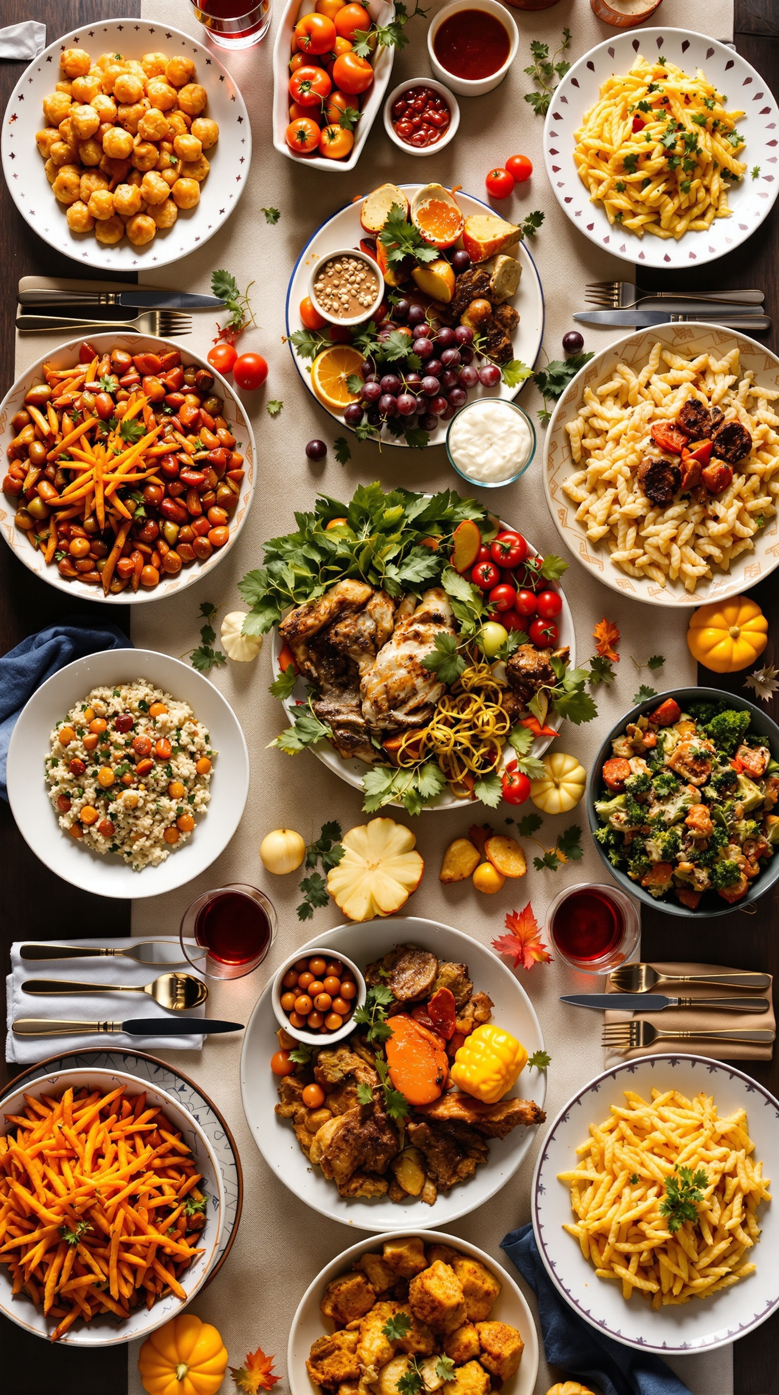A beautifully set Thanksgiving table with various cultural influences.