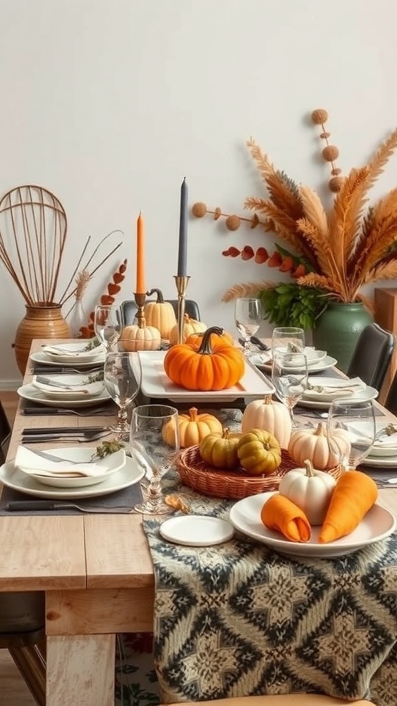 A beautifully arranged Thanksgiving table with pumpkins, candles, and elegant tableware.