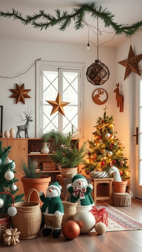 A cozy room decorated with eclectic Christmas decor, featuring trees, snowmen, and wooden stars.