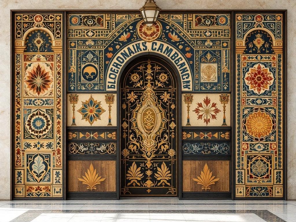 A colorful and intricately designed entry divider featuring floral and geometric patterns.