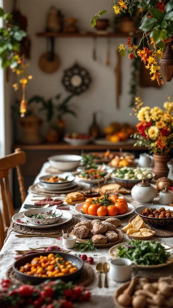 A beautifully arranged kitchen table with various dishes, fruits, and rustic decorations.