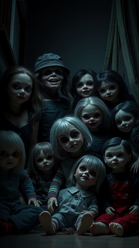 A group of creepy dolls with various expressions, set in dim lighting.