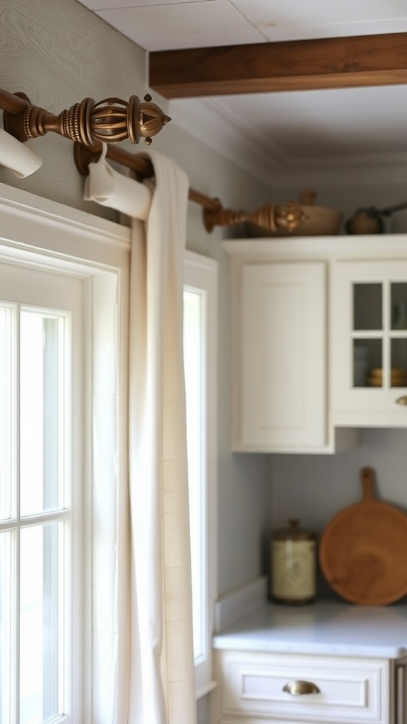 Rustic curtain rod with decorative finials in a farmhouse kitchen.