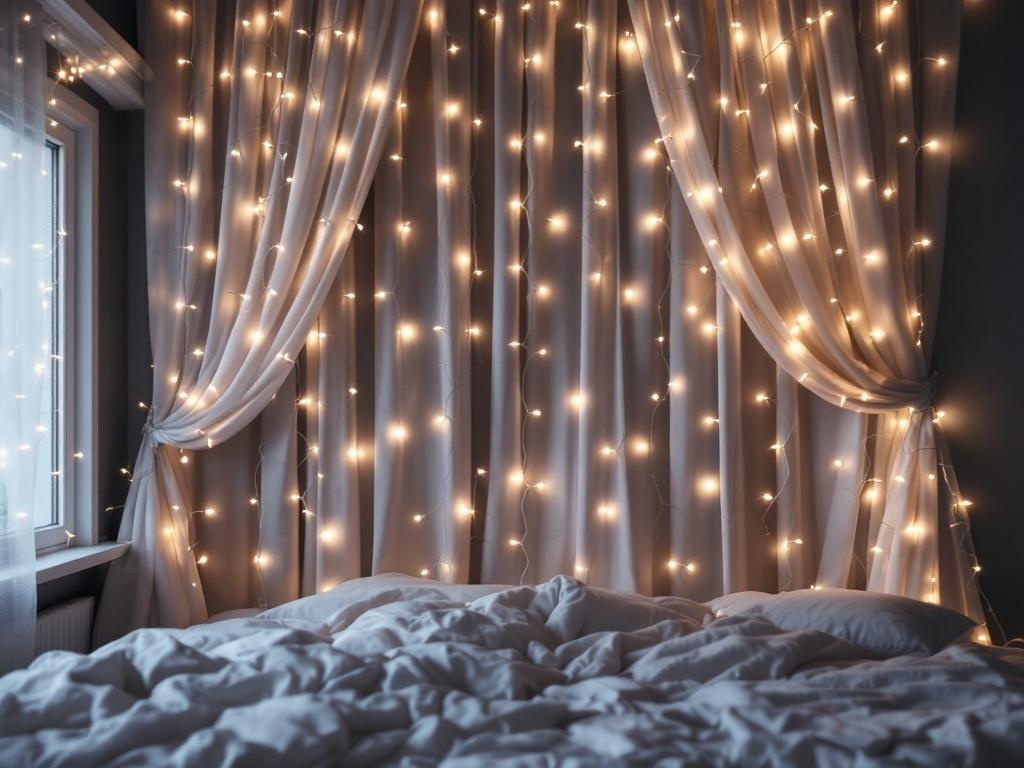 A cozy bedroom with a curtained fairy light backdrop, featuring soft glowing lights against flowing curtains.