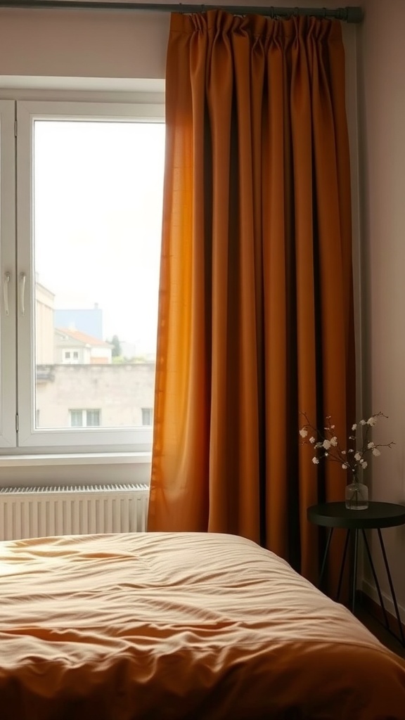 Warm orange curtains in a cozy bedroom setting