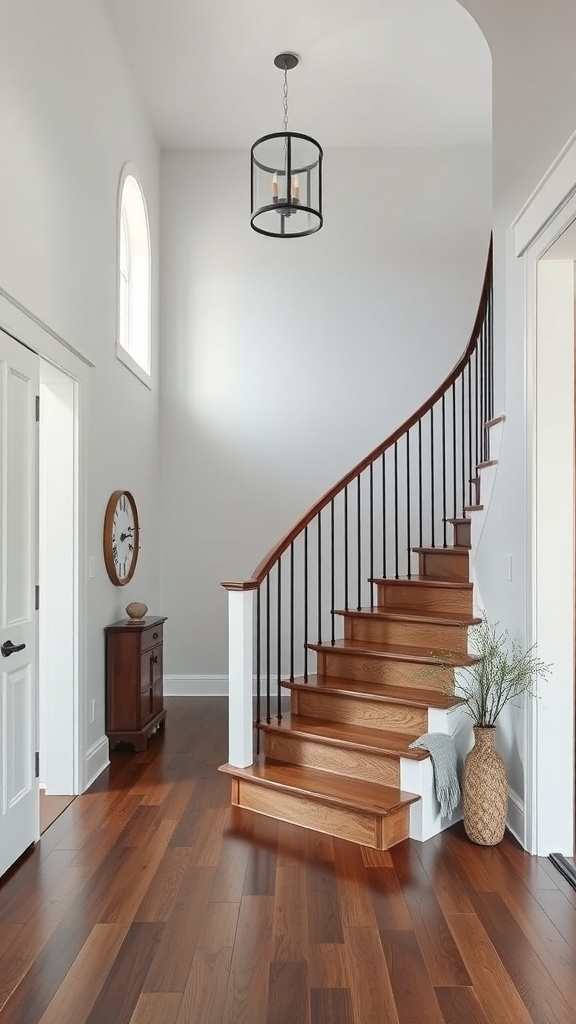 Curved wooden staircase in a modern farmhouse entryway