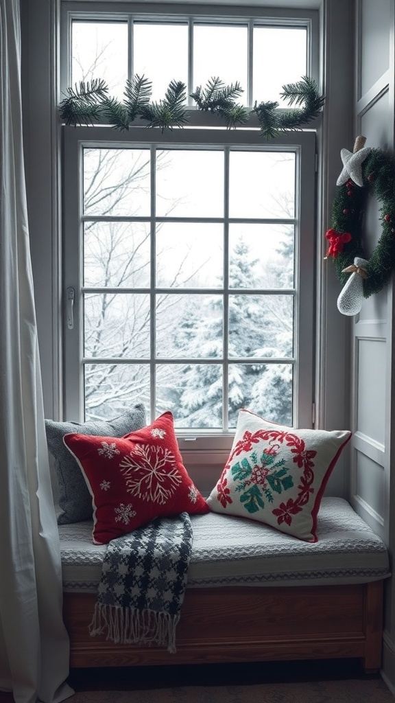 Cozy window seat decorated for Christmas with pillows and a garland.