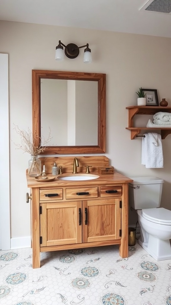A rustic bathroom vanity made of natural wood with a sink and decorative items.