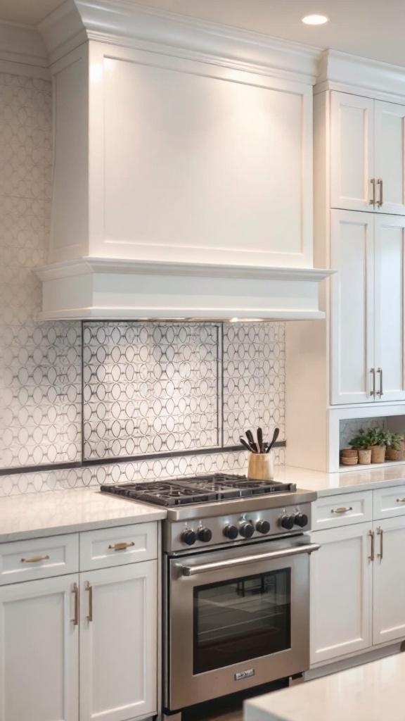 A modern kitchen with a custom-built white ventilation hood above a gas stove, featuring a stylish patterned backsplash.