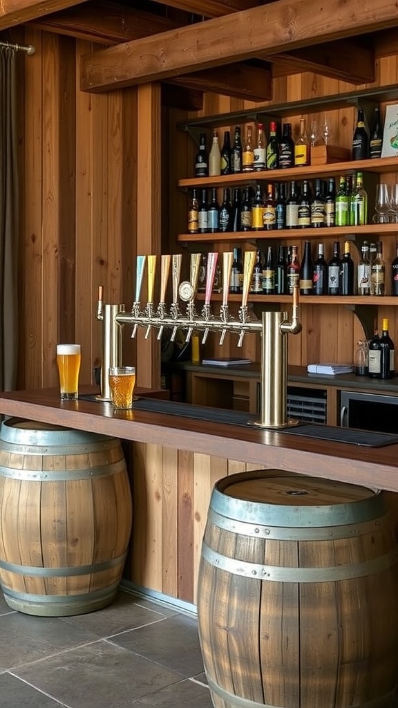 A rustic basement bar featuring a custom beer tap system with wooden barrels and a warm atmosphere.
