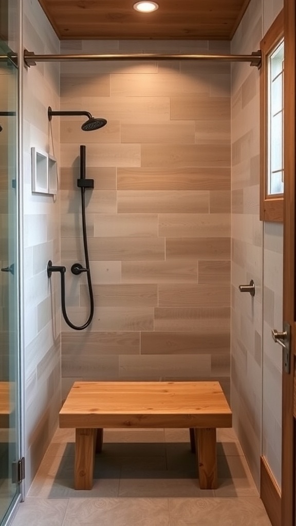 Rustic walk-in shower featuring a wooden bench seating