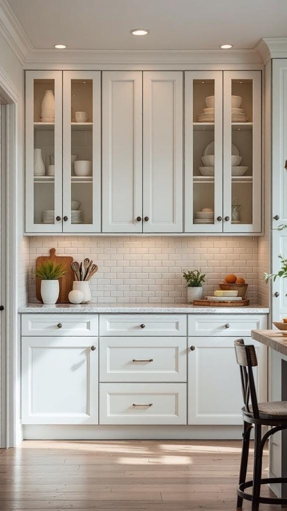Custom built-in kitchen cabinets with glass doors and white finish