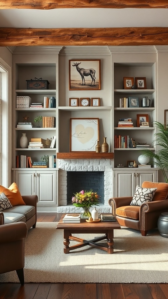 Cozy rustic living room with custom built-in shelving, featuring books, decor, and a fireplace.