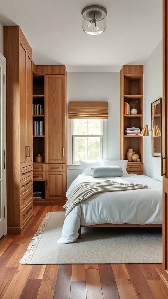 A small guest bedroom featuring custom built-ins with warm wood tones, a cozy bed, and decorative shelves.