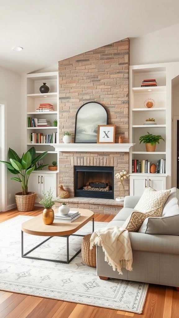 A cozy living room featuring custom built-ins around a fireplace, with a modern farmhouse design.