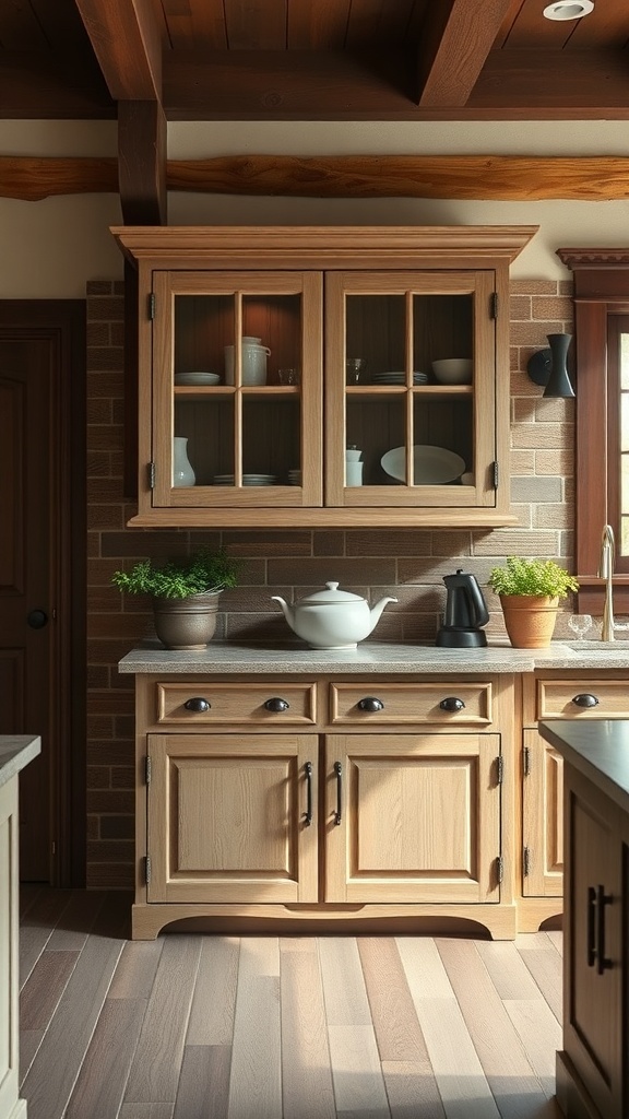 Rustic farmhouse kitchen cabinets with warm wood tones and simple lines.