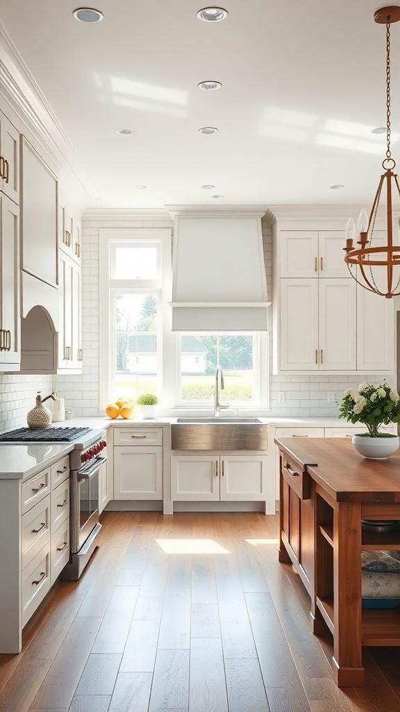 A luxury farmhouse kitchen featuring custom cabinetry, a large sink, and an island.