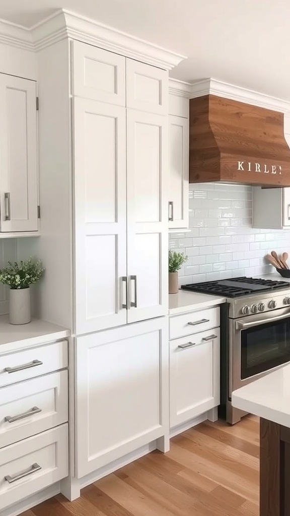 Modern farmhouse kitchen with custom white cabinetry and wooden accents.