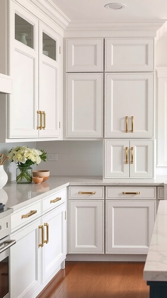 A contemporary farmhouse kitchen featuring custom white cabinetry with gold hardware.