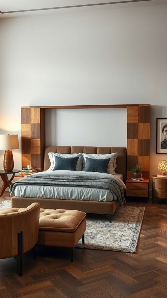 Luxury bedroom interior featuring custom furniture with wooden accents and soft textiles.