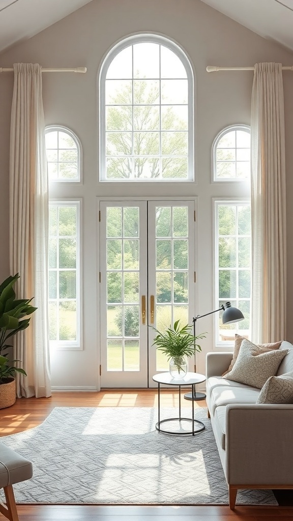 A bright living room with large windows and light-colored curtains.