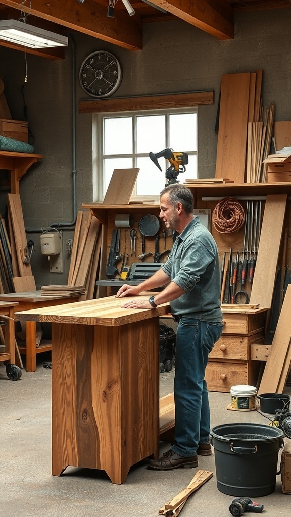 A craftsman working on a rustic wooden table in a workshop.