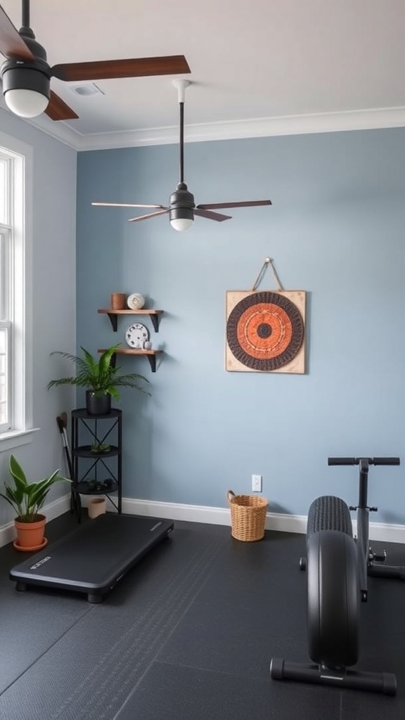 A modern home gym featuring a treadmill, weights, and colorful exercise equipment, with a neutral color scheme and bright lighting.