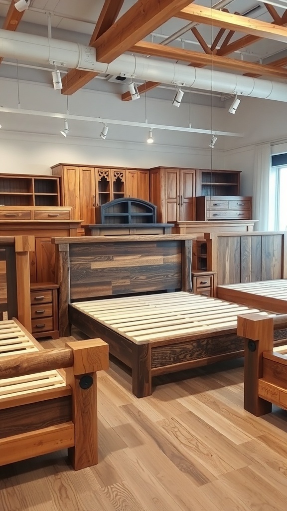 A display of various rustic bed frames made from wood in a cozy showroom.