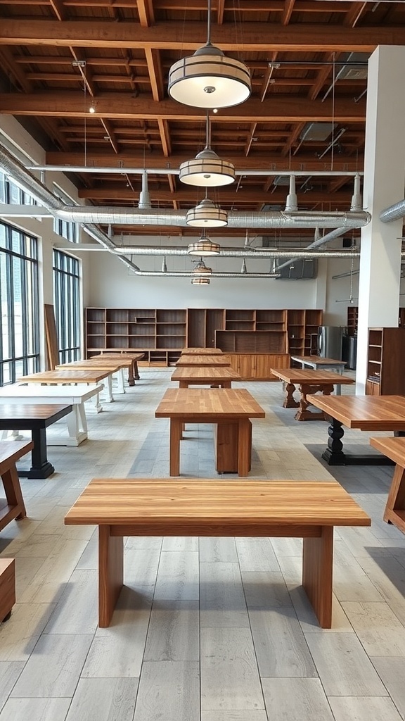 A variety of modern farmhouse dining tables displayed in a spacious room.