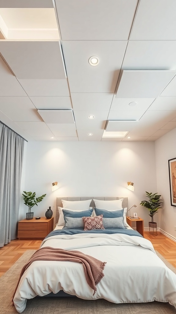 A modern bedroom with a customizable modular ceiling featuring recessed lighting and a cozy bed setup.