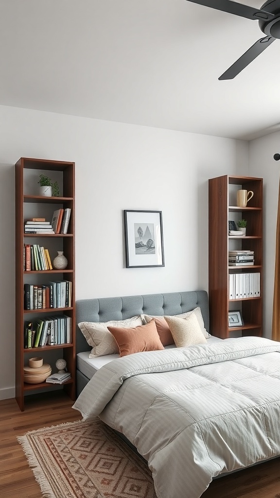 A cozy bedroom featuring customizable modular shelving with books and decor, alongside a stylish bed.