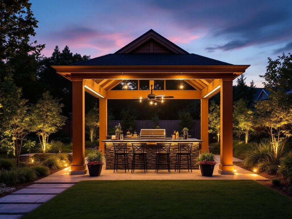 Outdoor kitchen with a gazebo, featuring various lighting solutions