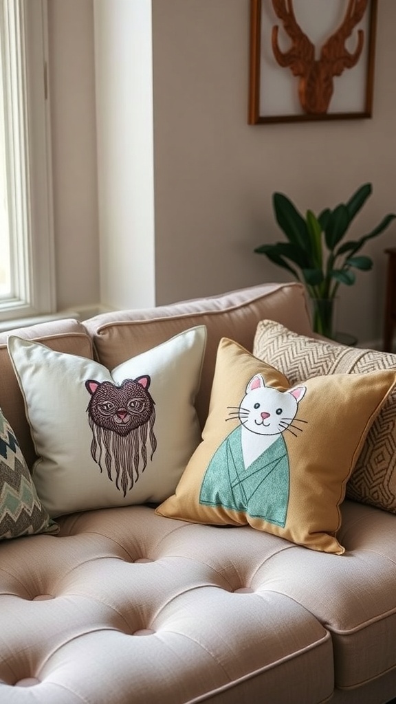 A cozy couch with customized throw pillows featuring playful designs and phrases.