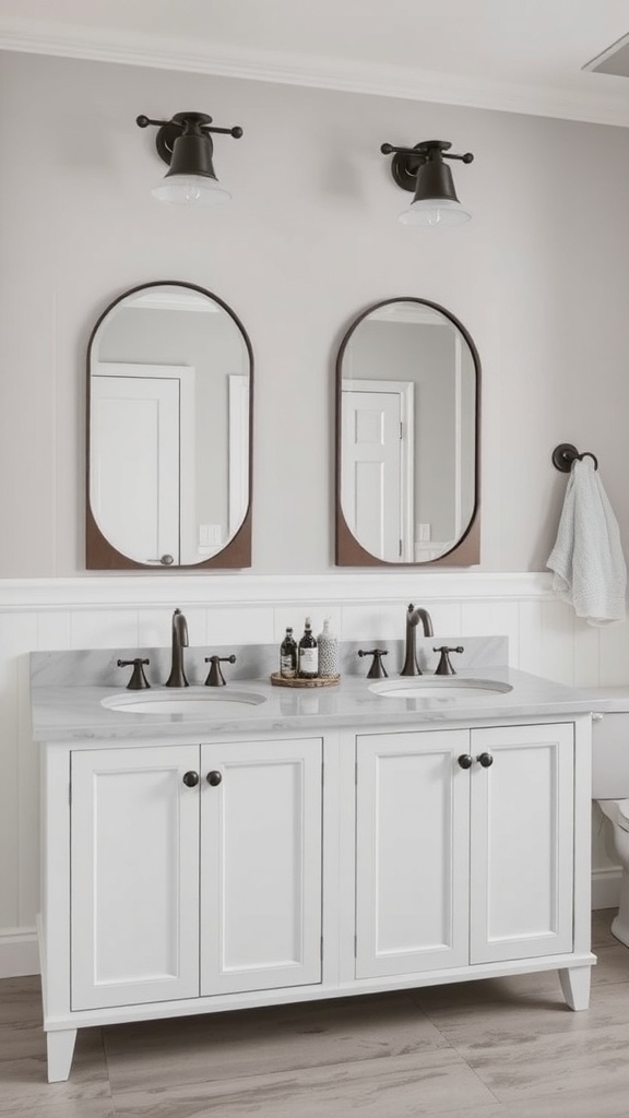 Modern farmhouse bathroom with a customized double sink vanity and stylish mirrors.