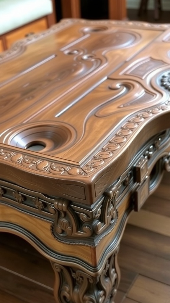 A beautifully crafted rustic coffee table with intricate carvings and a unique design.