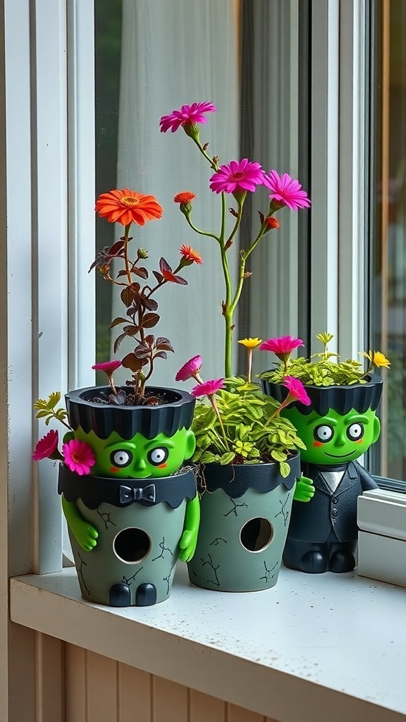 Cute Frankenstein planters with colorful flowers on a windowsill