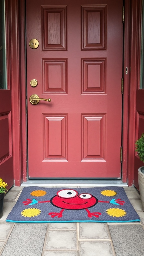 A cute red monster door mat in front of a red door