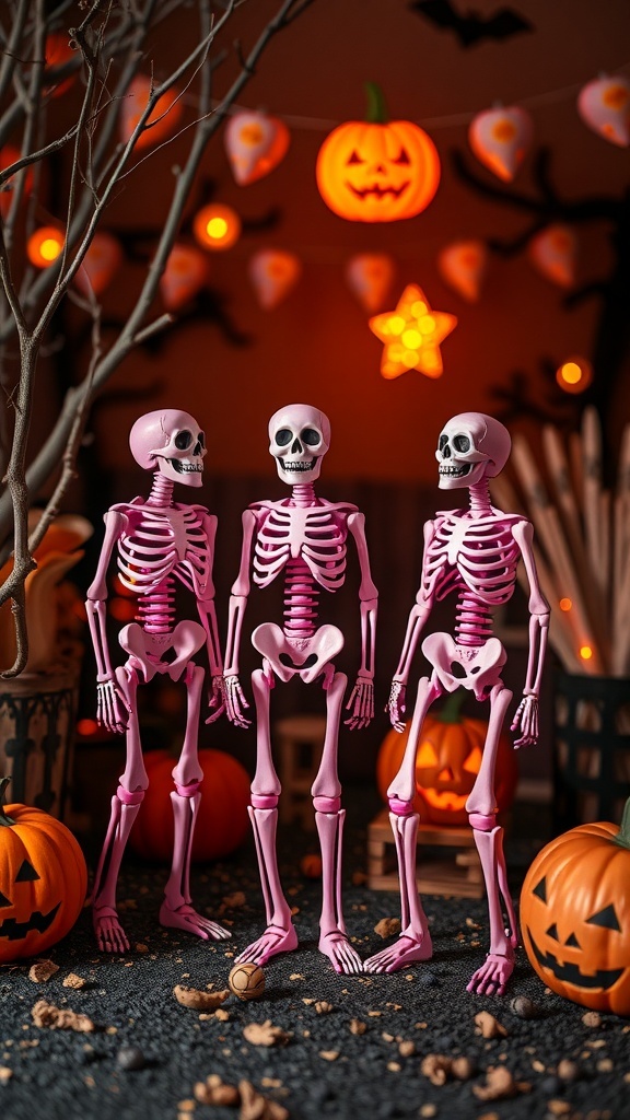 Three cute pink skeletons surrounded by pumpkins and Halloween decorations.
