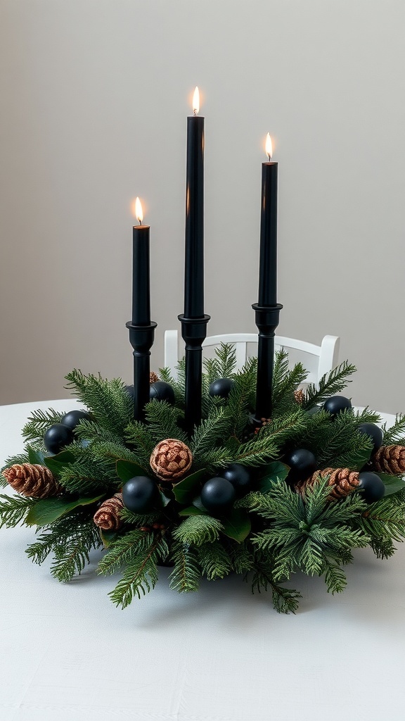 A dark-themed centerpiece featuring black candles, pinecones, and dark ornaments surrounded by greenery.
