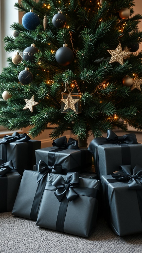 Black wrapped gifts with bows under a decorated Christmas tree