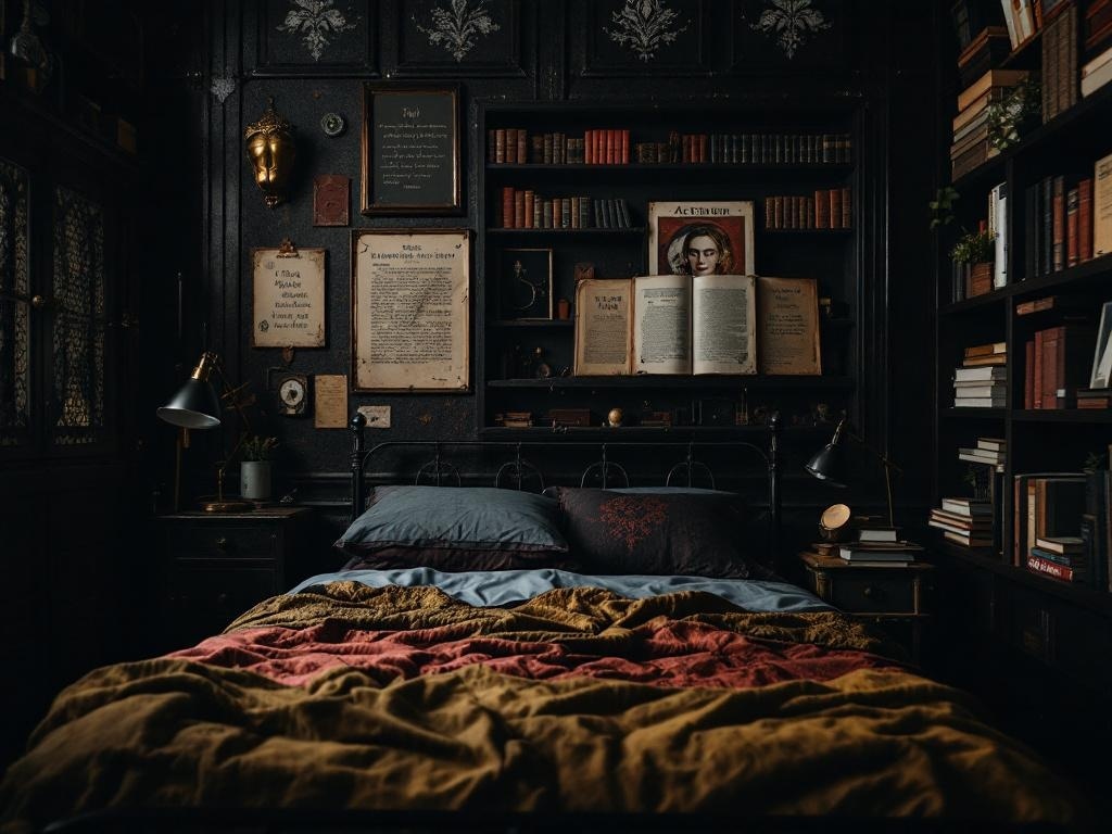 A cozy Dark Academia inspired bedroom featuring a black metal bed frame, layered bedding, and bookshelves filled with vintage books.
