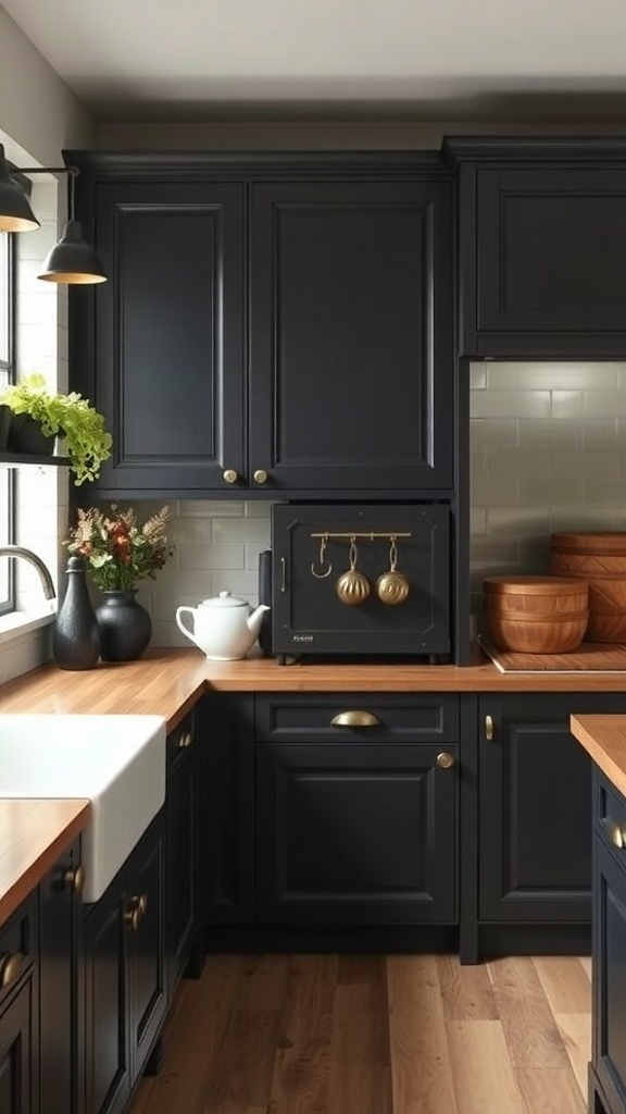 A dark rustic kitchen featuring dark cabinetry and antique hardware.