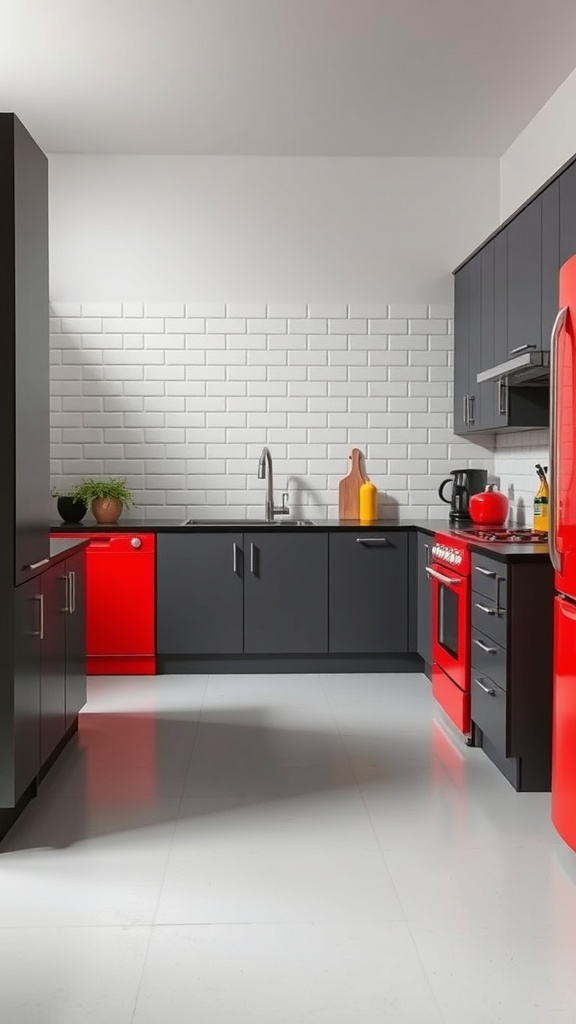A modern kitchen featuring dark grey cabinets and bright red appliances.