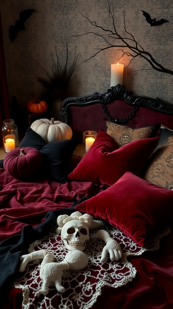 A cozy Halloween-themed bedroom with dark romantic accents, featuring plush pillows, a skeleton, pumpkins, and candlelight.