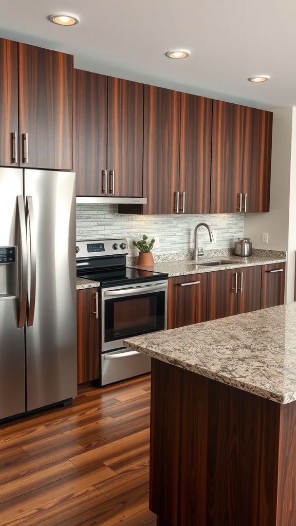 A modern kitchen featuring dark walnut cabinetry, stainless steel appliances, and a light granite countertop.