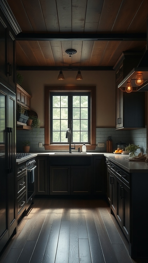 A moody farmhouse kitchen with dark wood accents, showcasing cabinets, beams, and flooring.